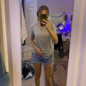 gray and white striped top